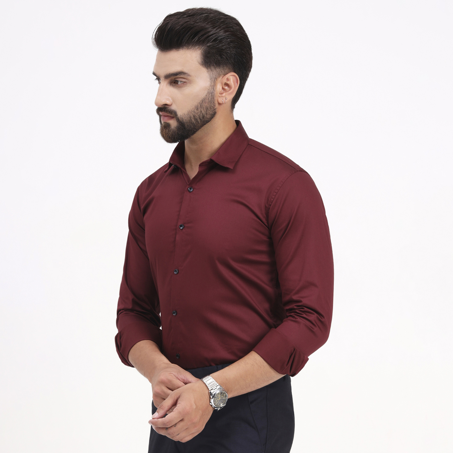 Men's Solid Full Sleeves Wine Color Shirt - Image 5