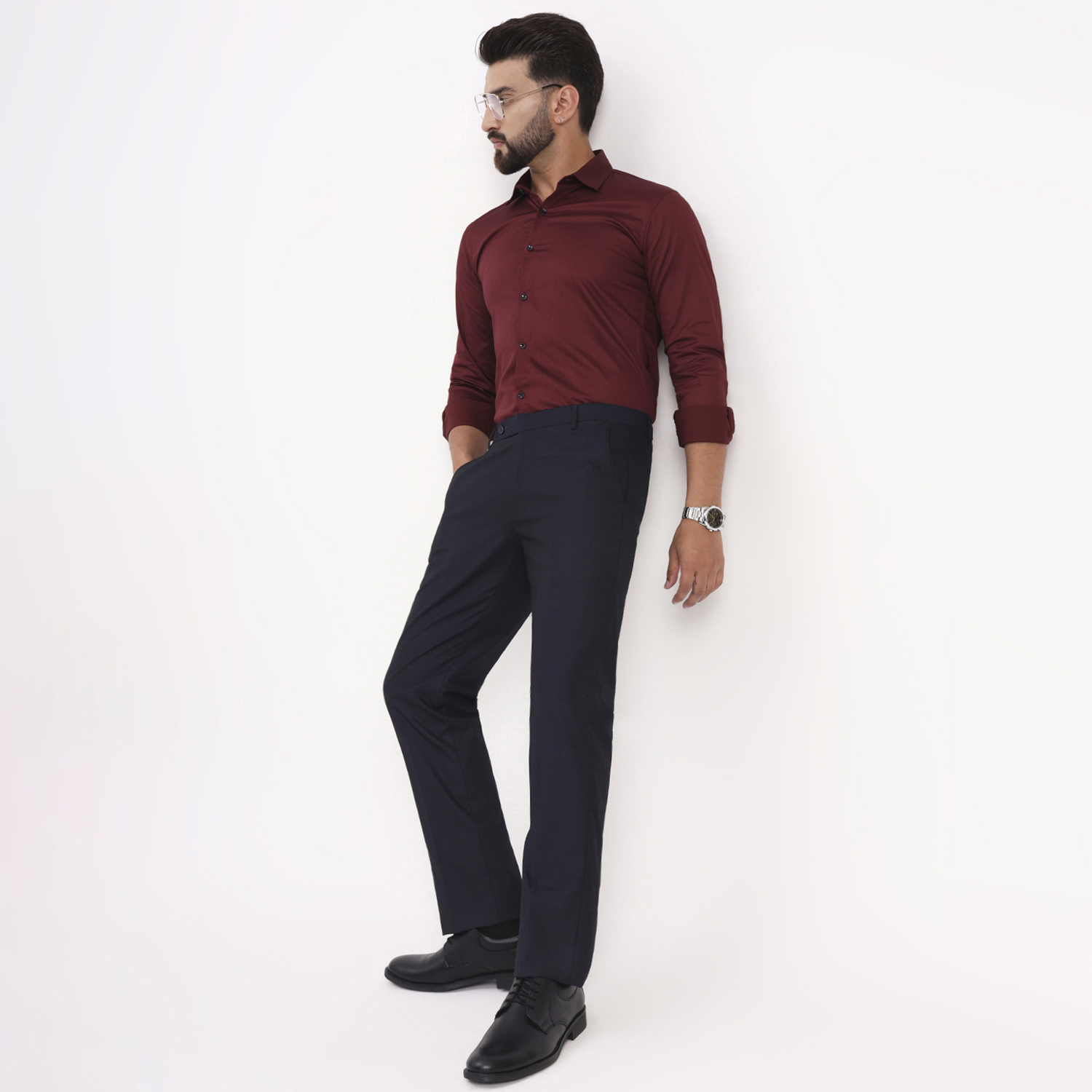 Men's Solid Full Sleeves Wine Color Shirt - Image 3