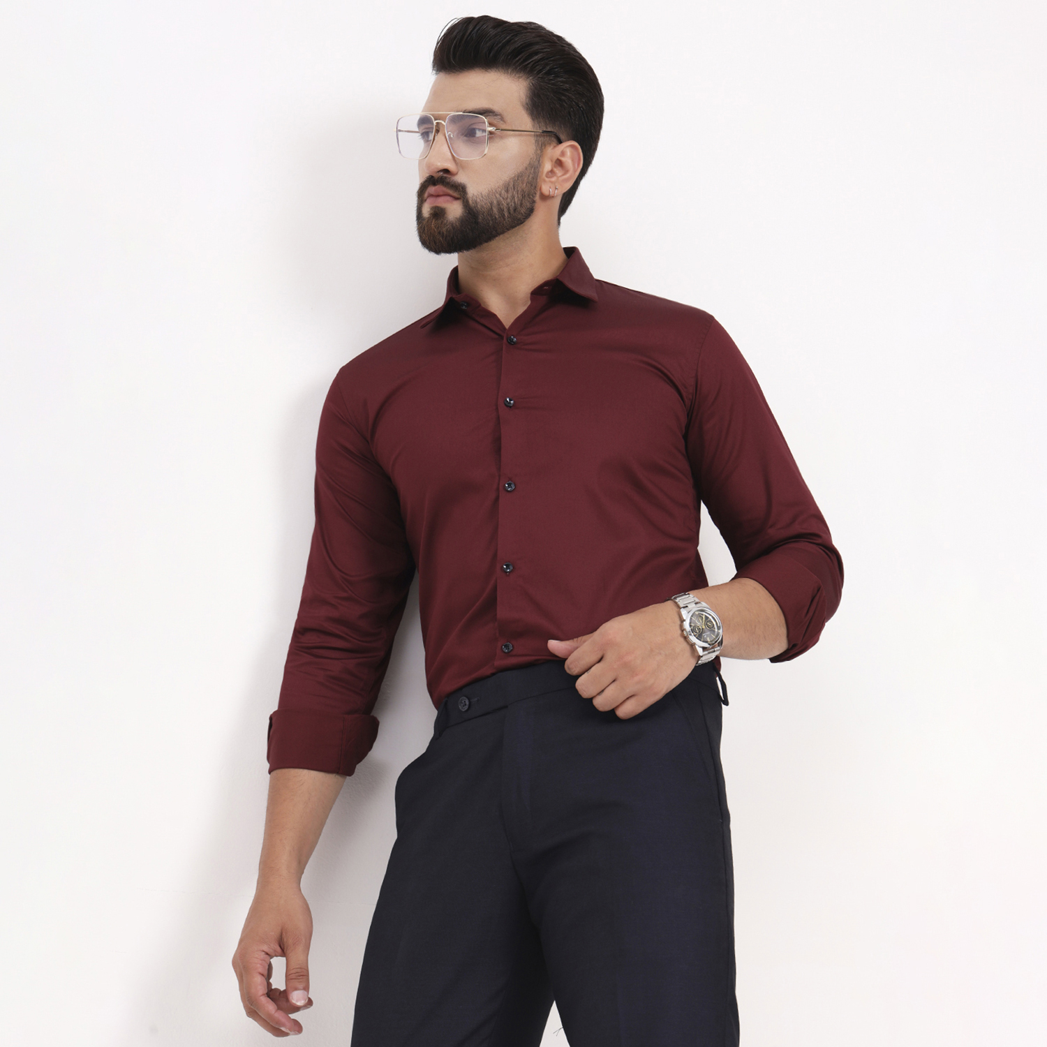 Men's Solid Full Sleeves Wine Color Shirt - Image 2