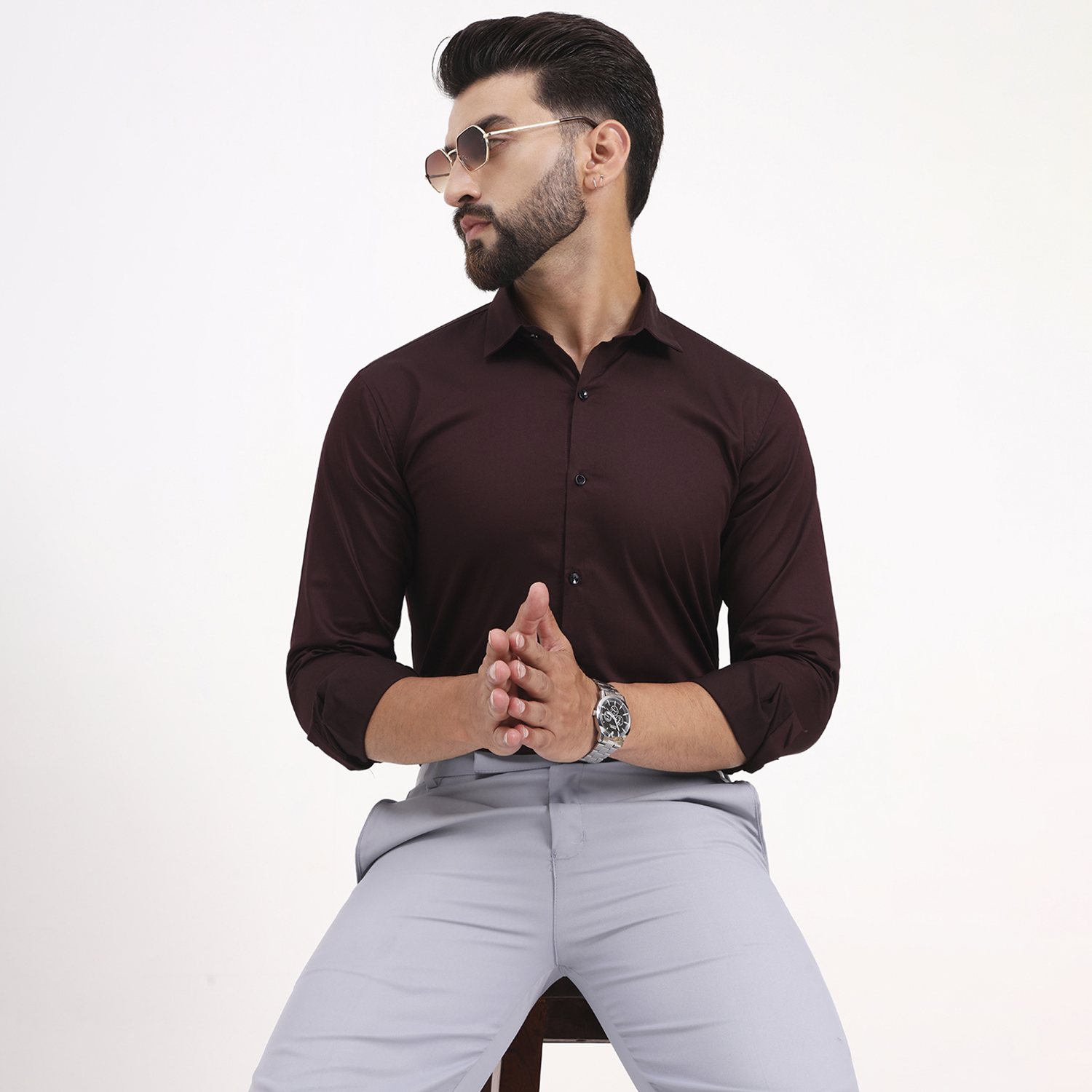 Men’s Solid Full Sleeves Dark Maroon Shirt - Image 2