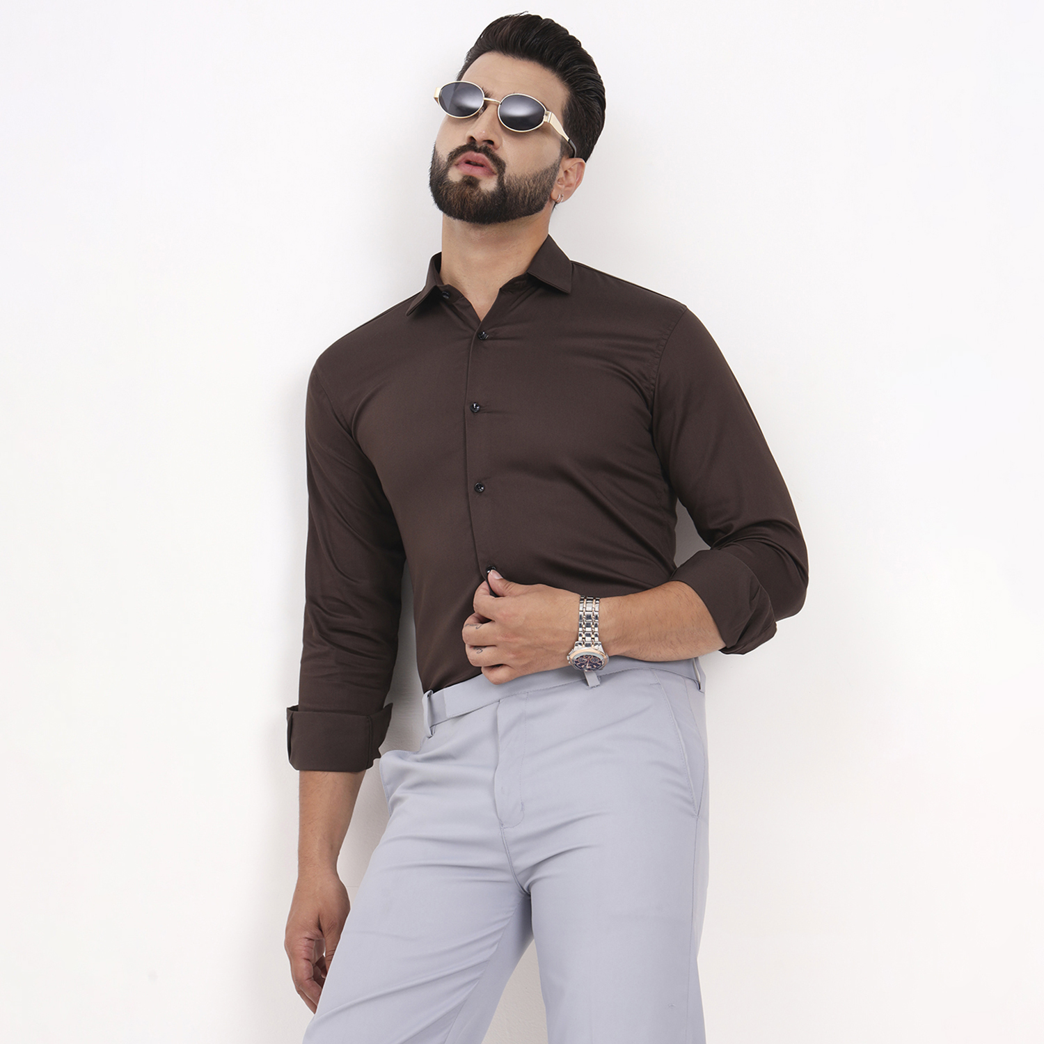 Men’s Chocolate Brown Plain Full Sleeve Shirt - Image 2