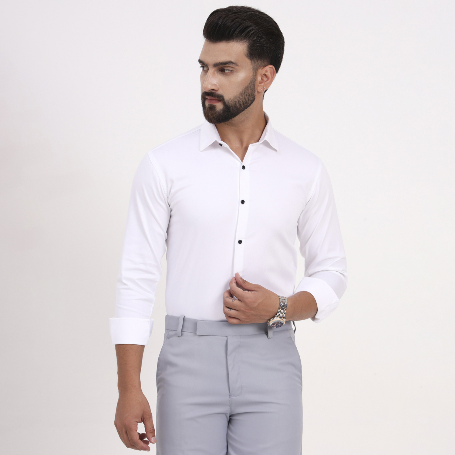 Men's White Satin Casual Solid Regular Fit Full Sleeves Shirt with Spread Collar