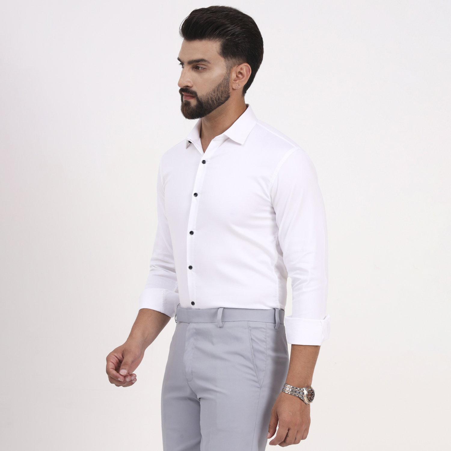 Men's White Satin Casual Solid Regular Fit Full Sleeves Shirt with Spread Collar - Image 6