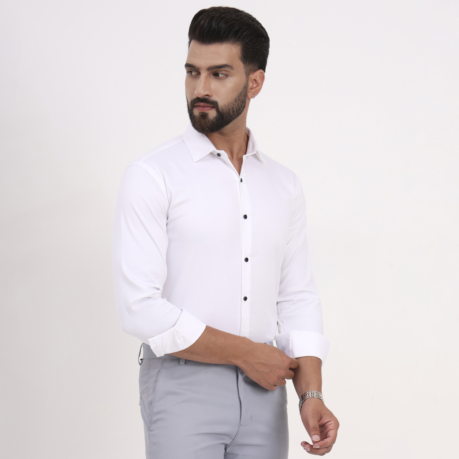 Men's White Satin Casual Solid Regular Fit Full Sleeves Shirt with Spread Collar - Image 5