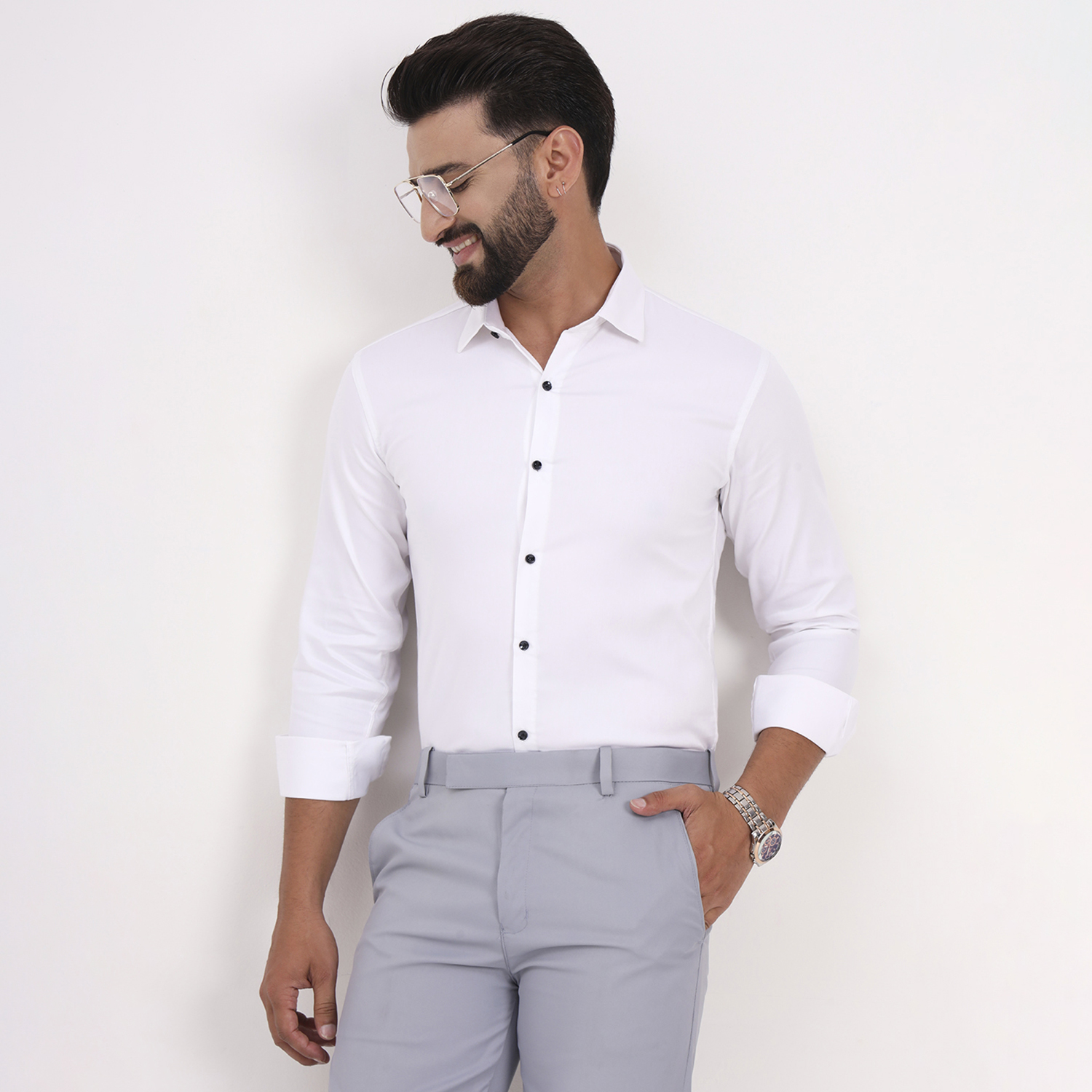 Men's White Satin Casual Solid Regular Fit Full Sleeves Shirt with Spread Collar - Image 2