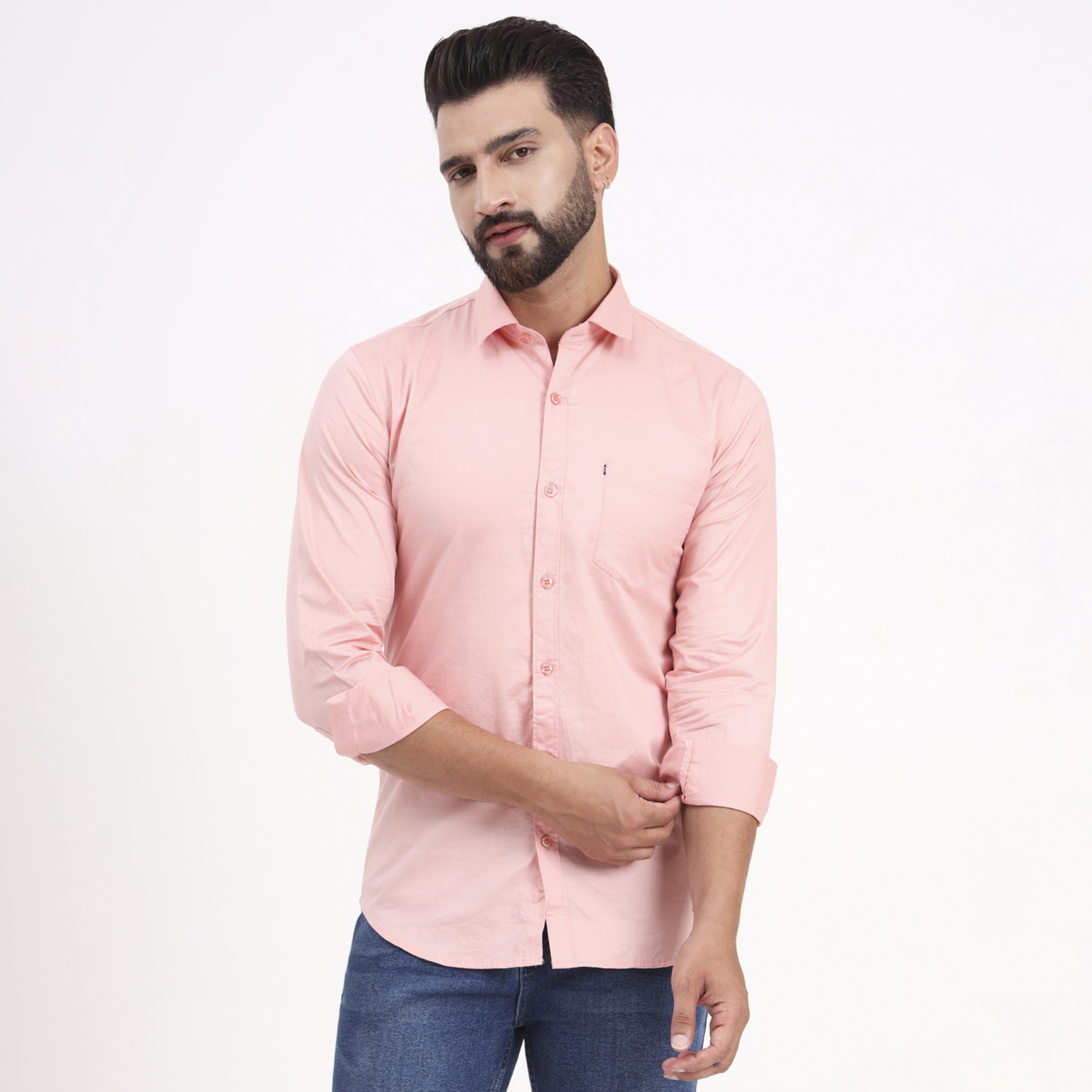 Men's Pink Satin Casual Solid Regular Fit Full Sleeves Shirt with Spread Collar - Image 6