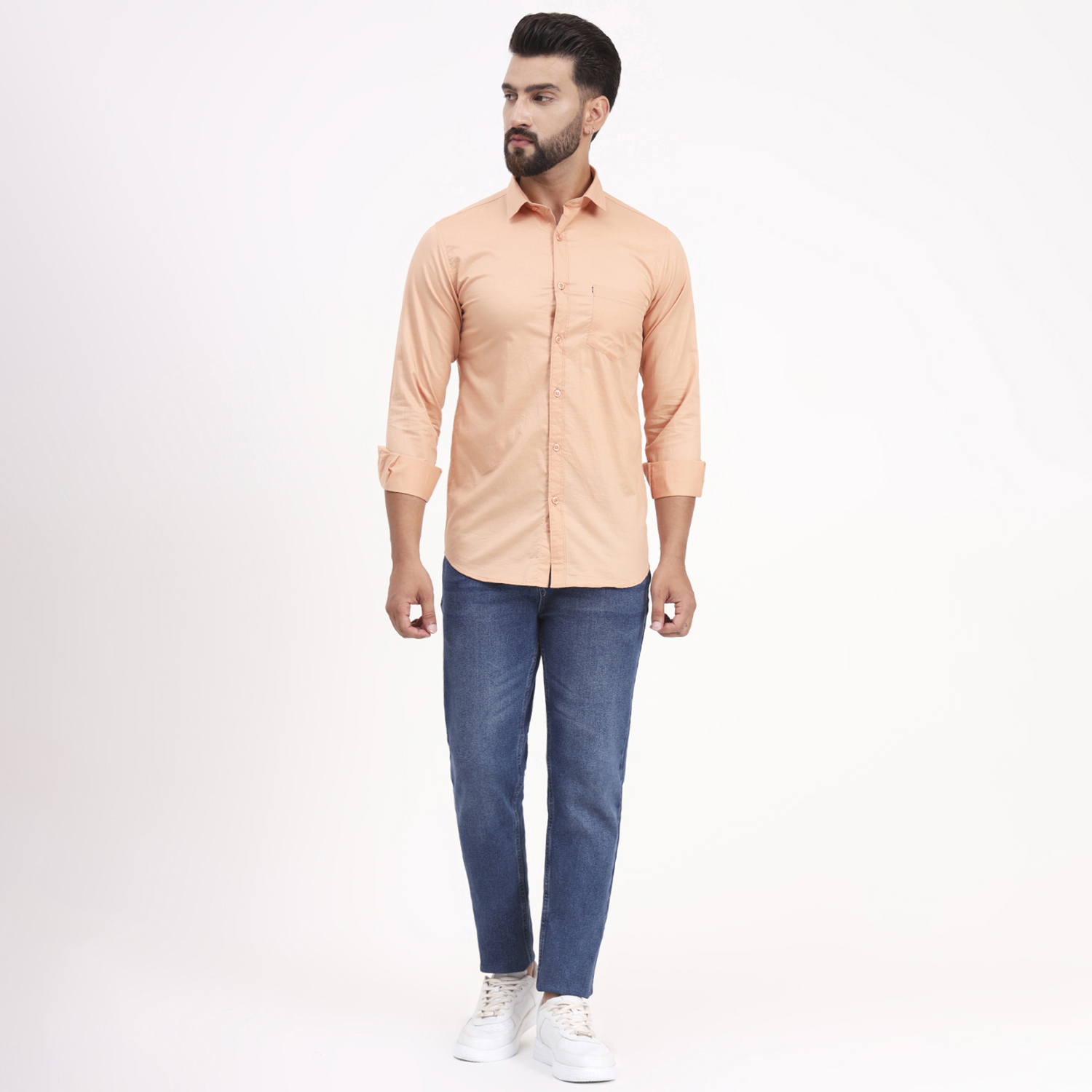 Men's Peach Satin Casual Solid Regular Fit Full Sleeves Shirt with Spread Collar - Image 7