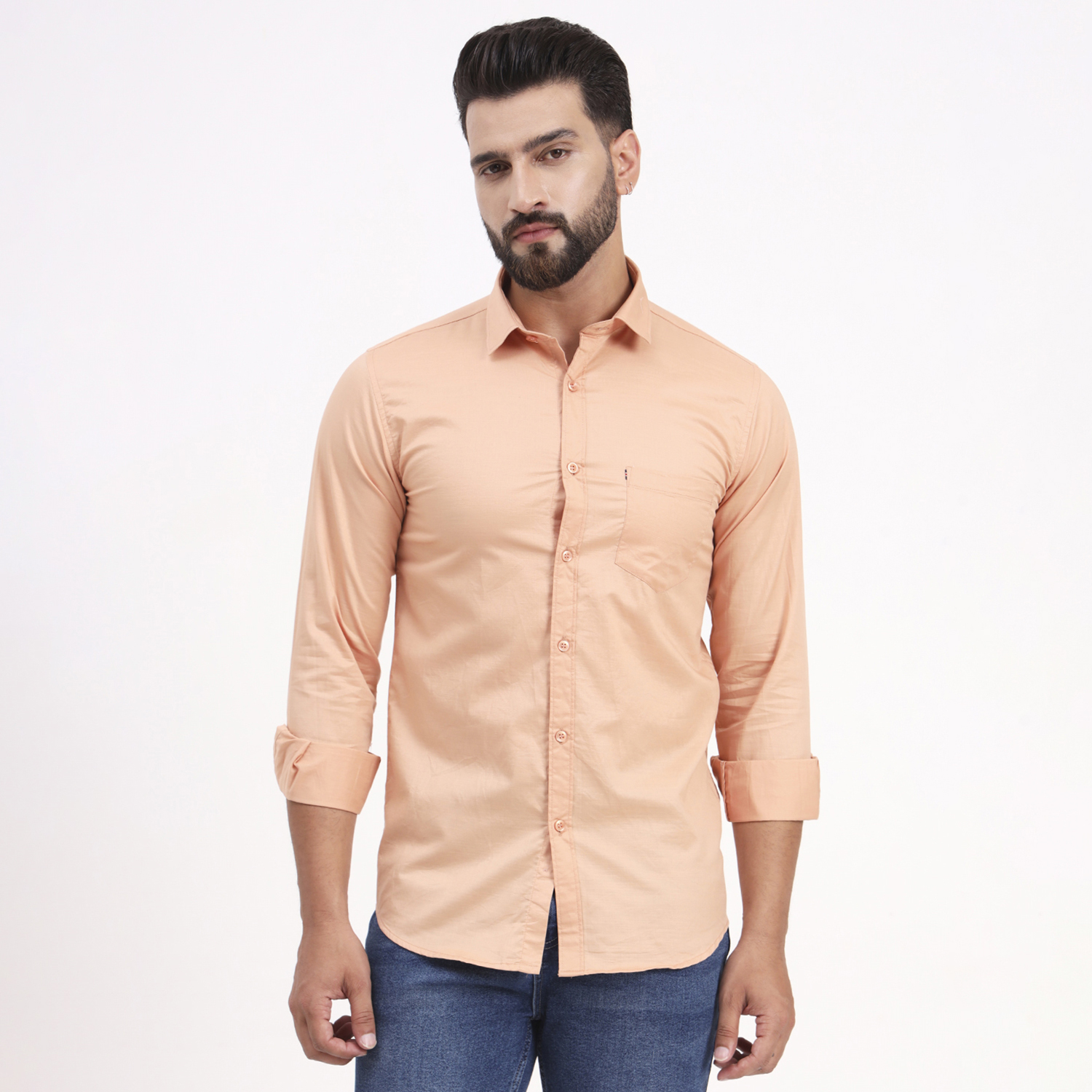 Men's Peach Satin Casual Solid Regular Fit Full Sleeves Shirt with Spread Collar - Image 6