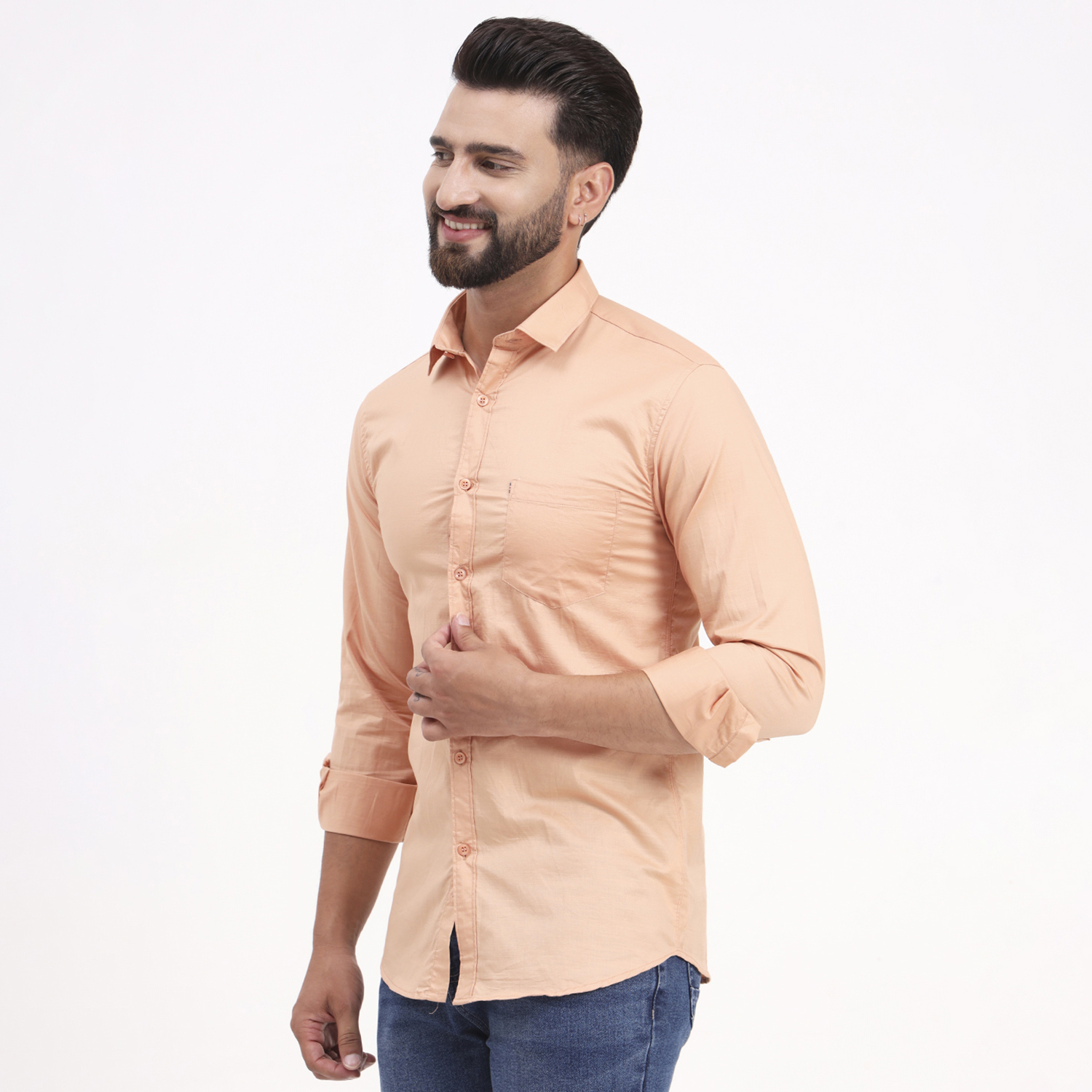 Men's Peach Satin Casual Solid Regular Fit Full Sleeves Shirt with Spread Collar - Image 5
