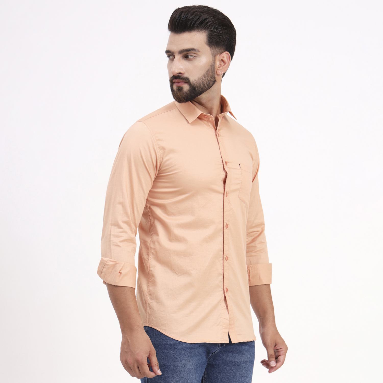 Men's Peach Satin Casual Solid Regular Fit Full Sleeves Shirt with Spread Collar - Image 4