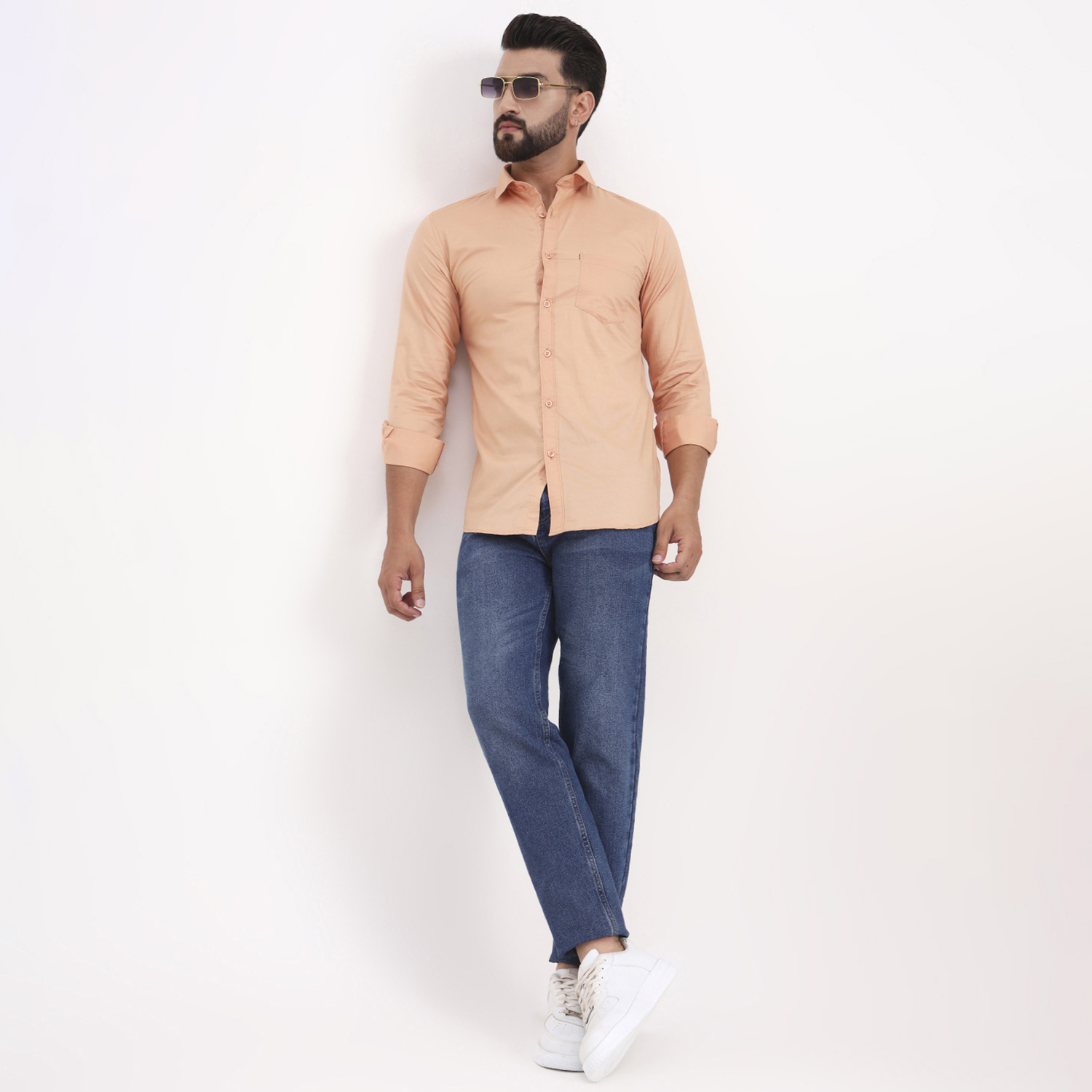Men's Peach Satin Casual Solid Regular Fit Full Sleeves Shirt with Spread Collar - Image 2
