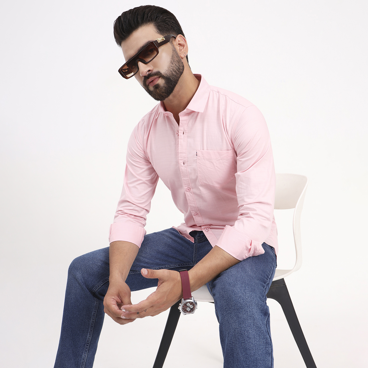 Men's Pastel Pink Satin Casual Solid Regular Fit Full Sleeves Shirt with Spread Collar - Image 3