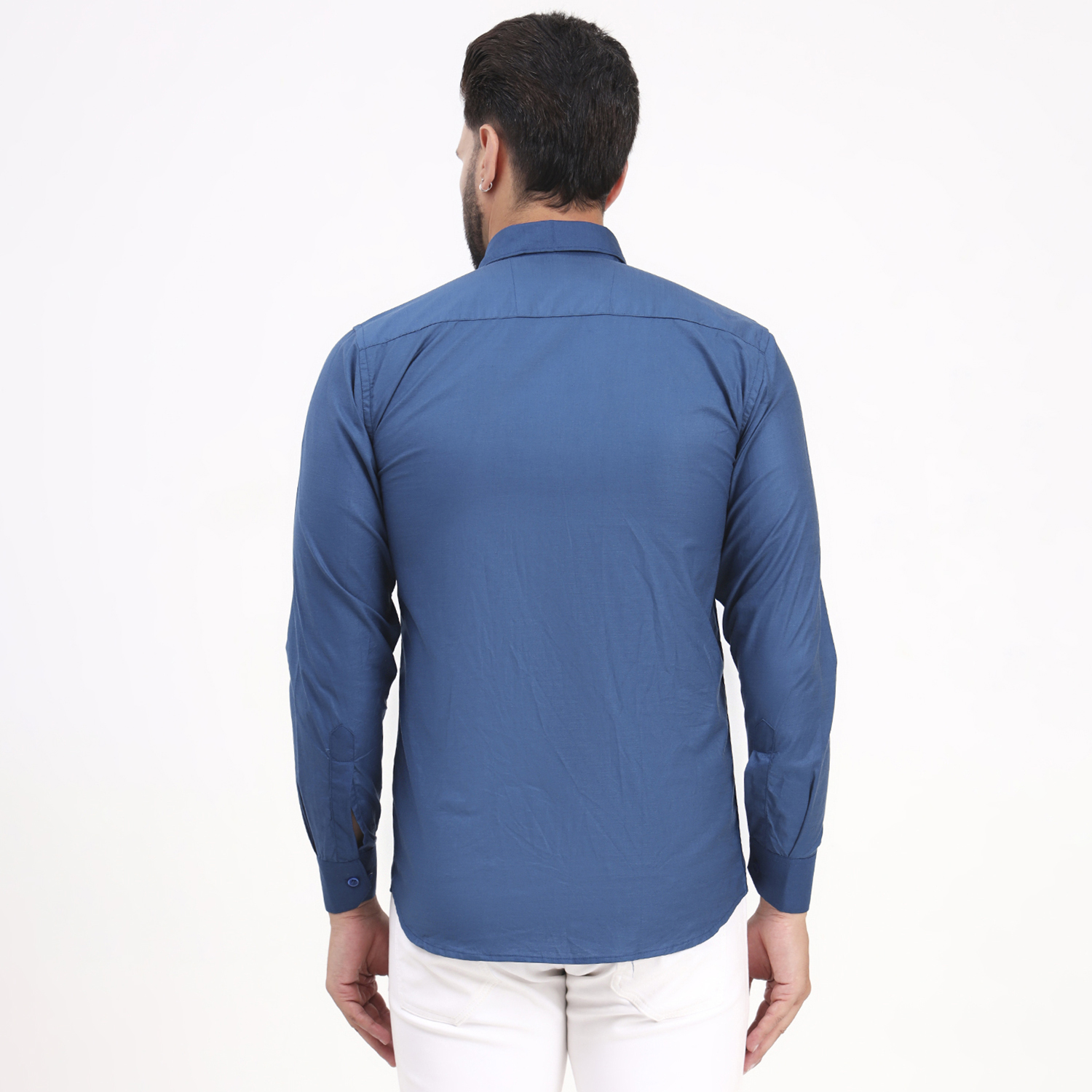 Men's Light Navy Blue Satin Casual Solid Regular Fit Full Sleeves Shirt with Spread Collar - Image 8