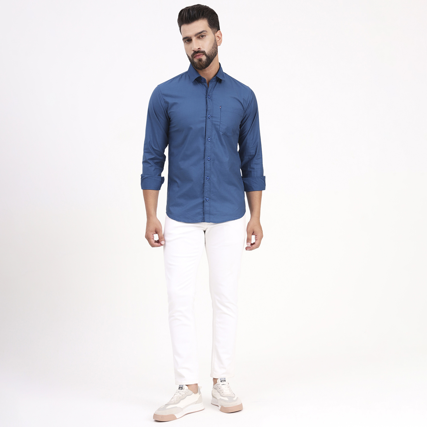 Men's Light Navy Blue Satin Casual Solid Regular Fit Full Sleeves Shirt with Spread Collar - Image 7