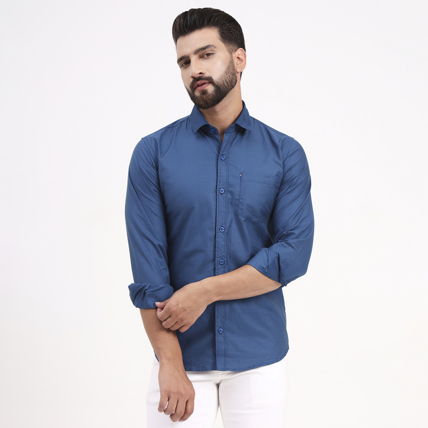 Men's Light Navy Blue Satin Casual Solid Regular Fit Full Sleeves Shirt with Spread Collar - Image 6