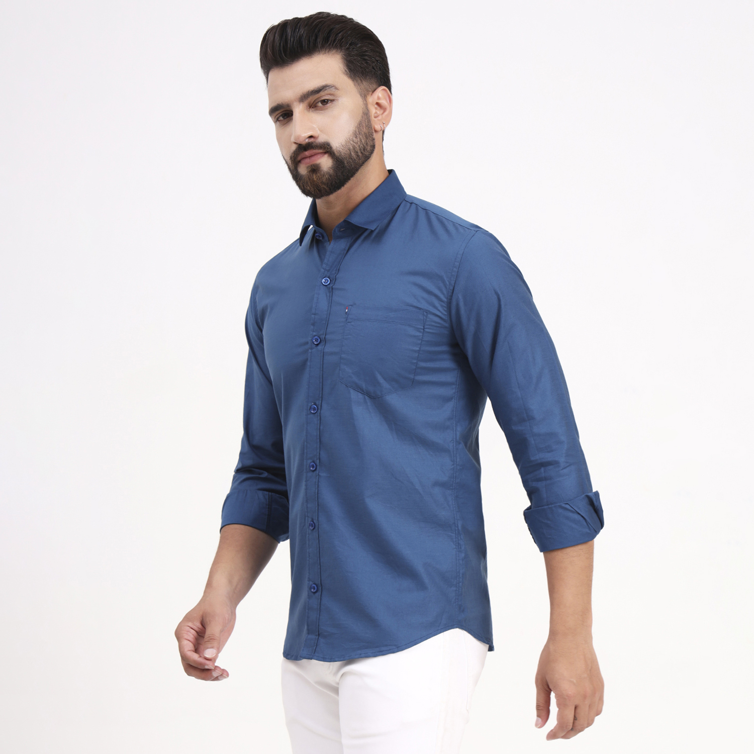 Men's Light Navy Blue Satin Casual Solid Regular Fit Full Sleeves Shirt with Spread Collar - Image 5