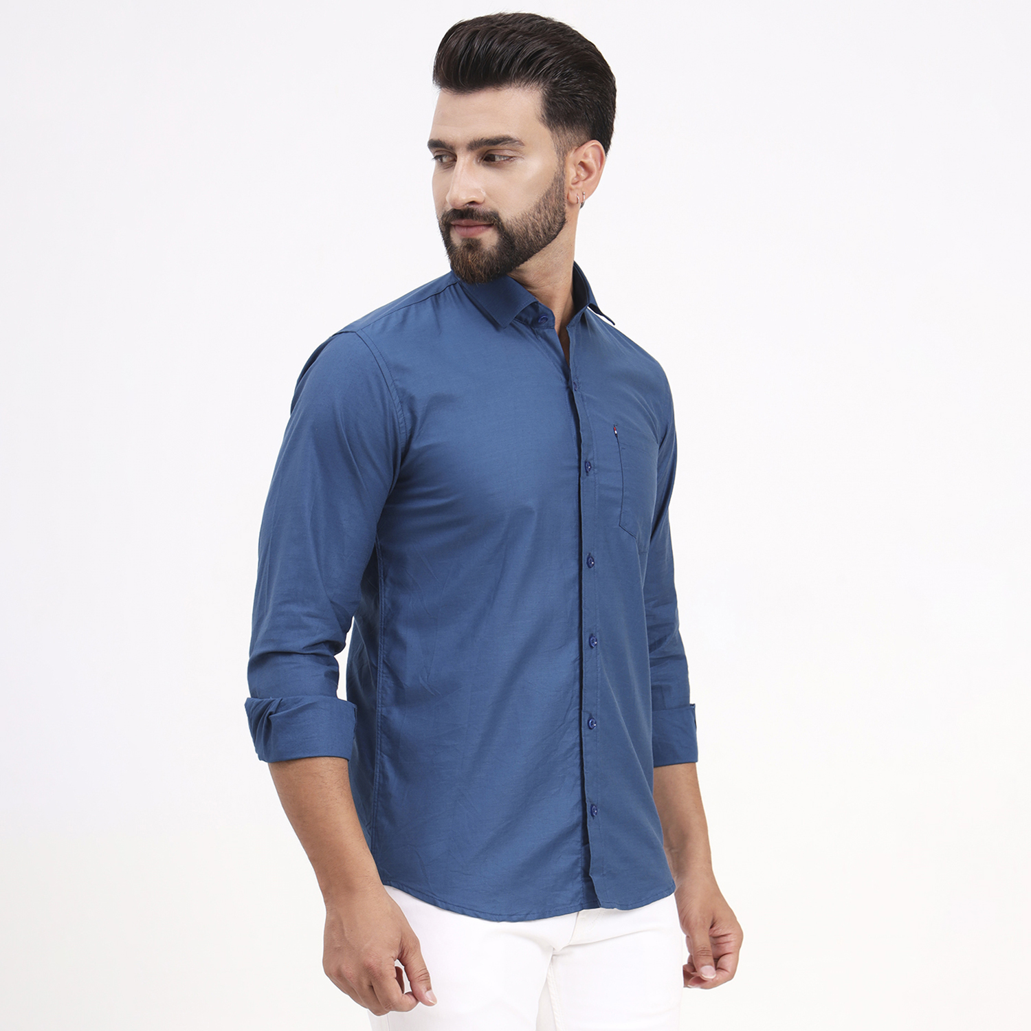 Men's Light Navy Blue Satin Casual Solid Regular Fit Full Sleeves Shirt with Spread Collar - Image 4