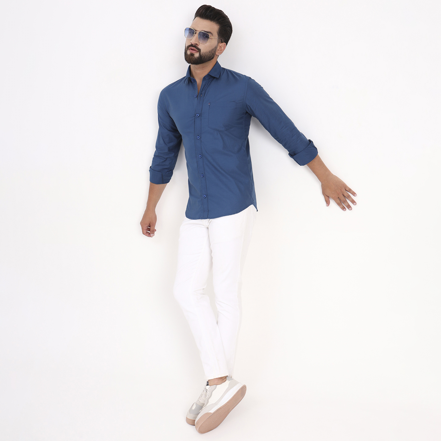 Men's Light Navy Blue Satin Casual Solid Regular Fit Full Sleeves Shirt with Spread Collar - Image 2