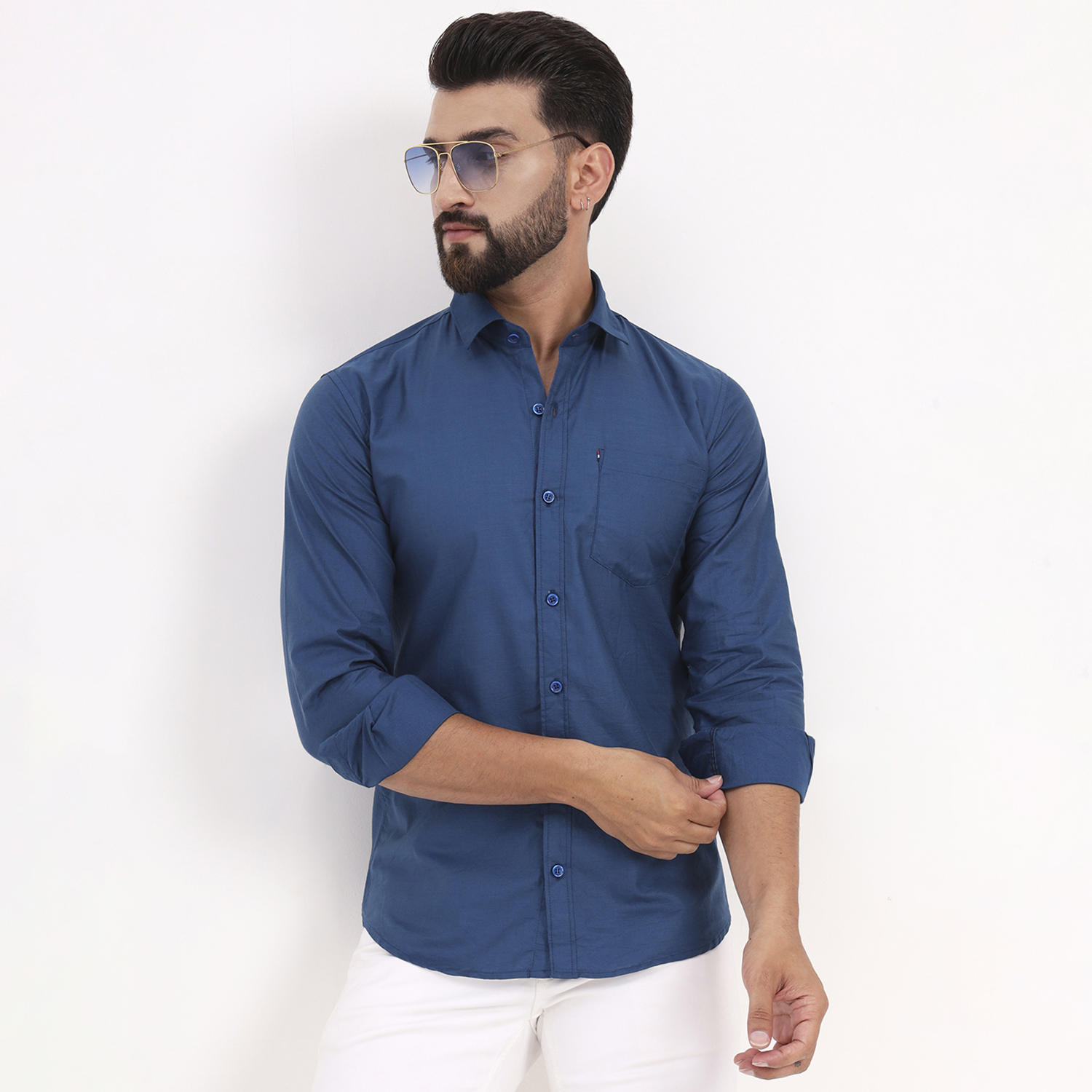 Men's Light Navy Blue Satin Casual Solid Regular Fit Full Sleeves Shirt with Spread Collar