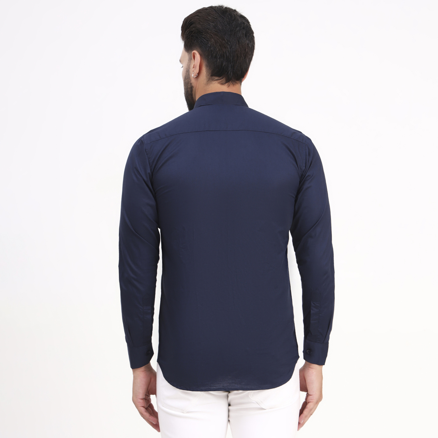 Men's Navy Blue Satin Casual Solid Regular Fit Full Sleeves Shirt with Spread Collar - Image 8