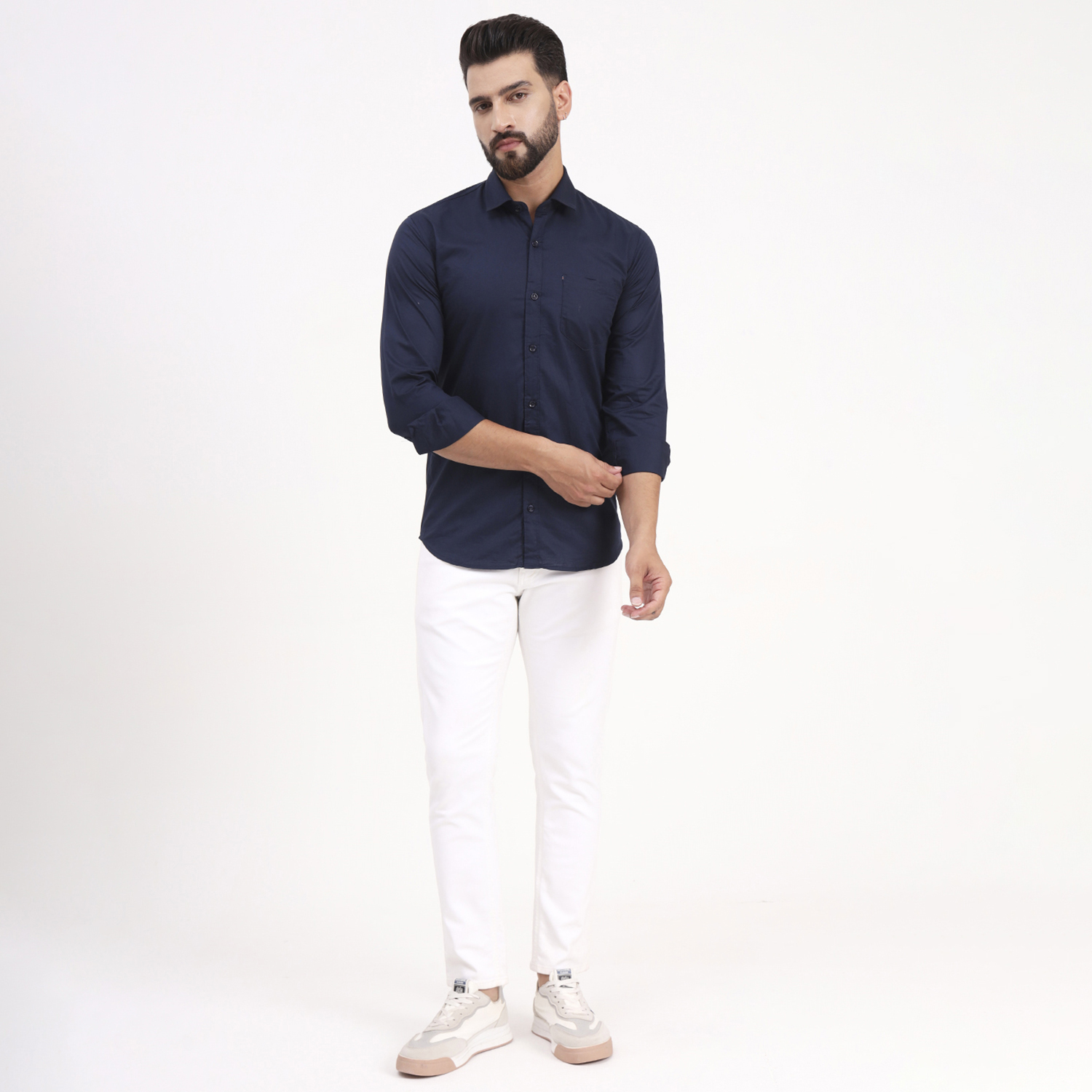 Men's Navy Blue Satin Casual Solid Regular Fit Full Sleeves Shirt with Spread Collar - Image 7