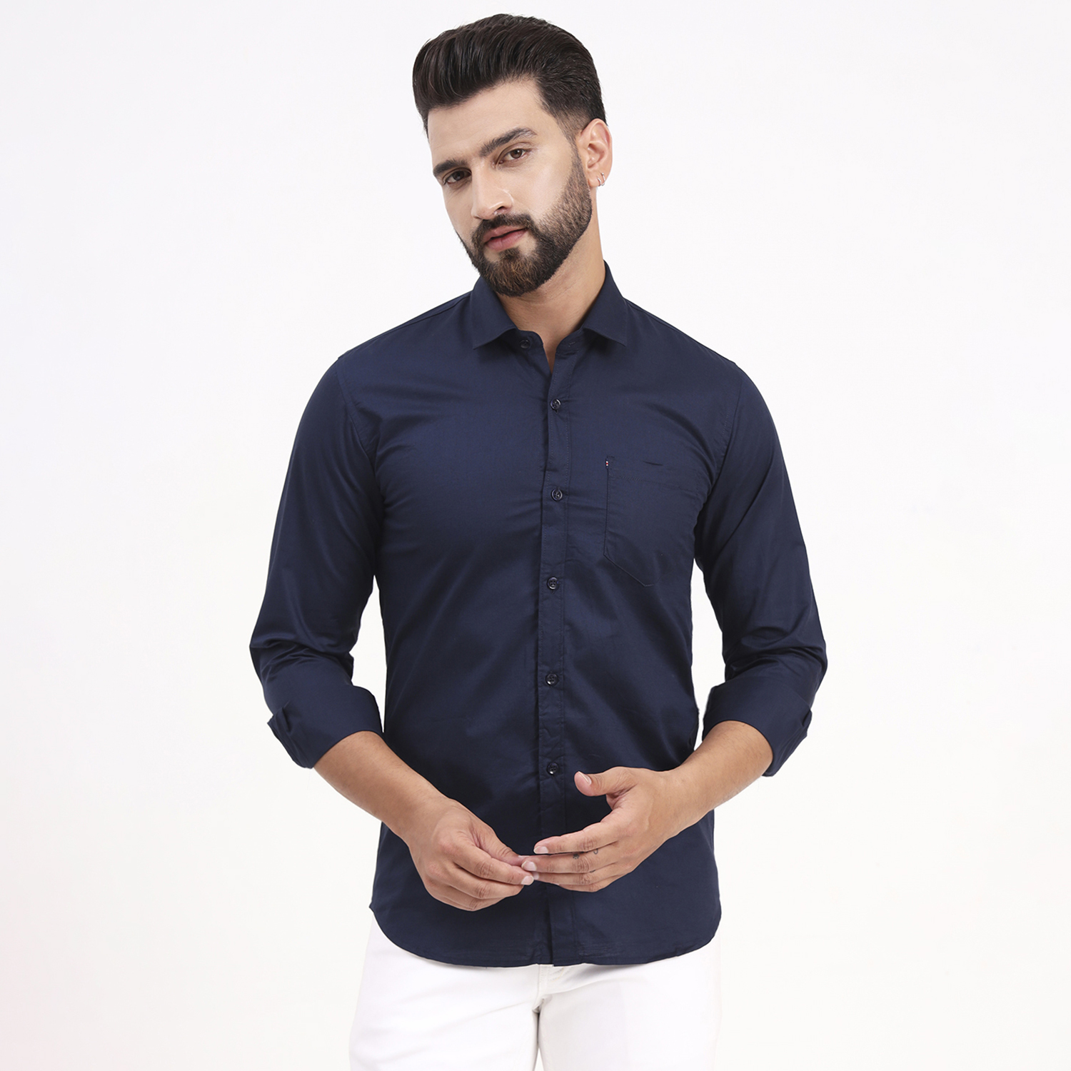 Men's Navy Blue Satin Casual Solid Regular Fit Full Sleeves Shirt with Spread Collar - Image 6
