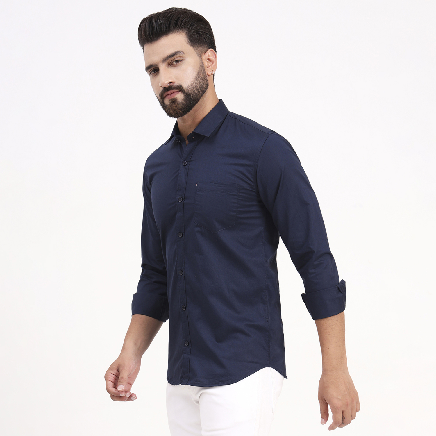 Men's Navy Blue Satin Casual Solid Regular Fit Full Sleeves Shirt with Spread Collar - Image 5