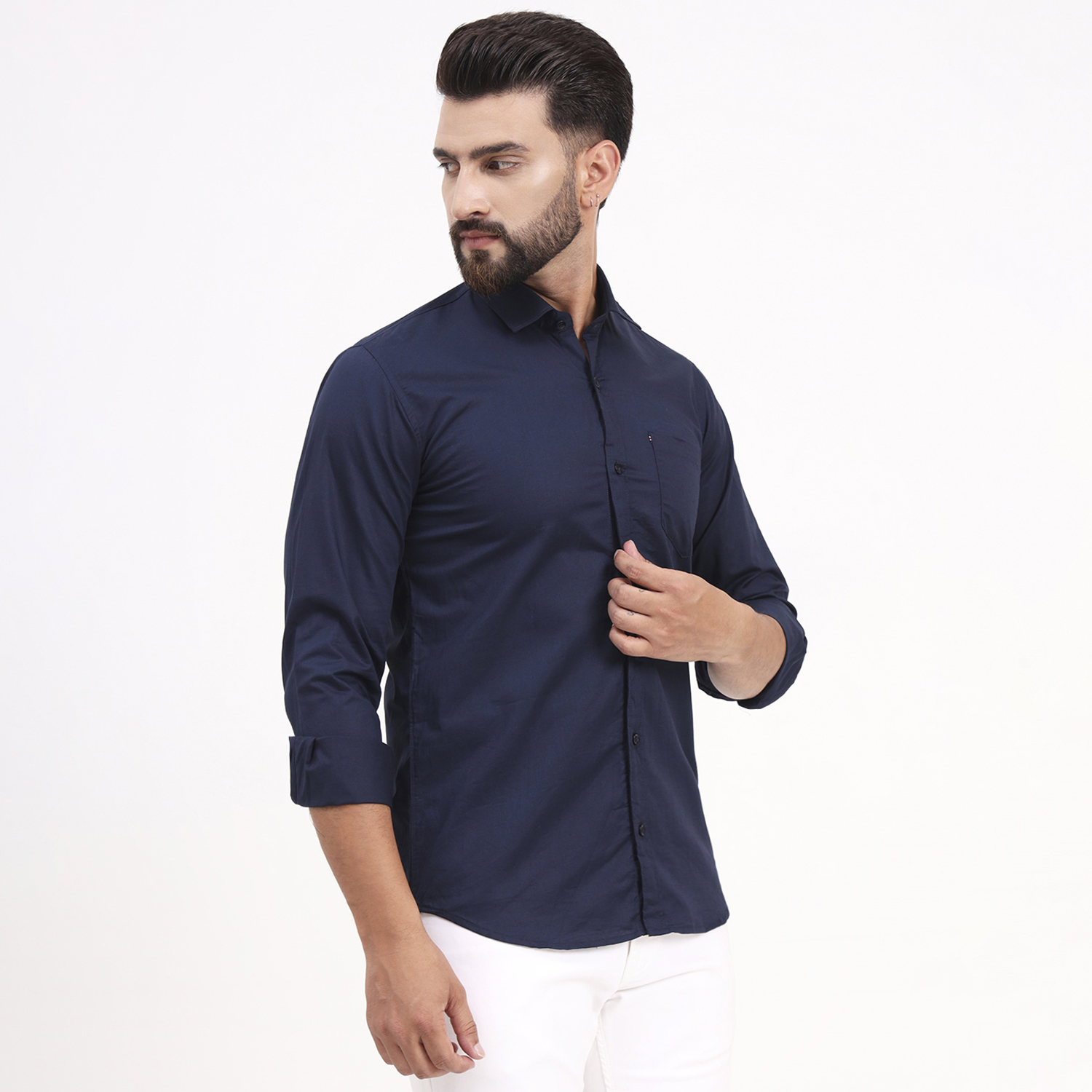 Men's Navy Blue Satin Casual Solid Regular Fit Full Sleeves Shirt with Spread Collar
