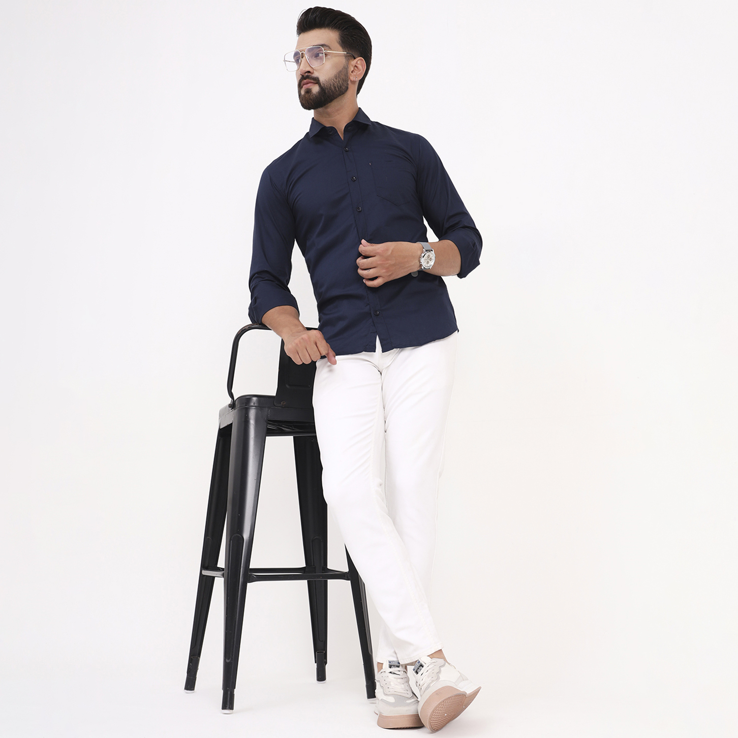 Men's Navy Blue Satin Casual Solid Regular Fit Full Sleeves Shirt with Spread Collar - Image 3