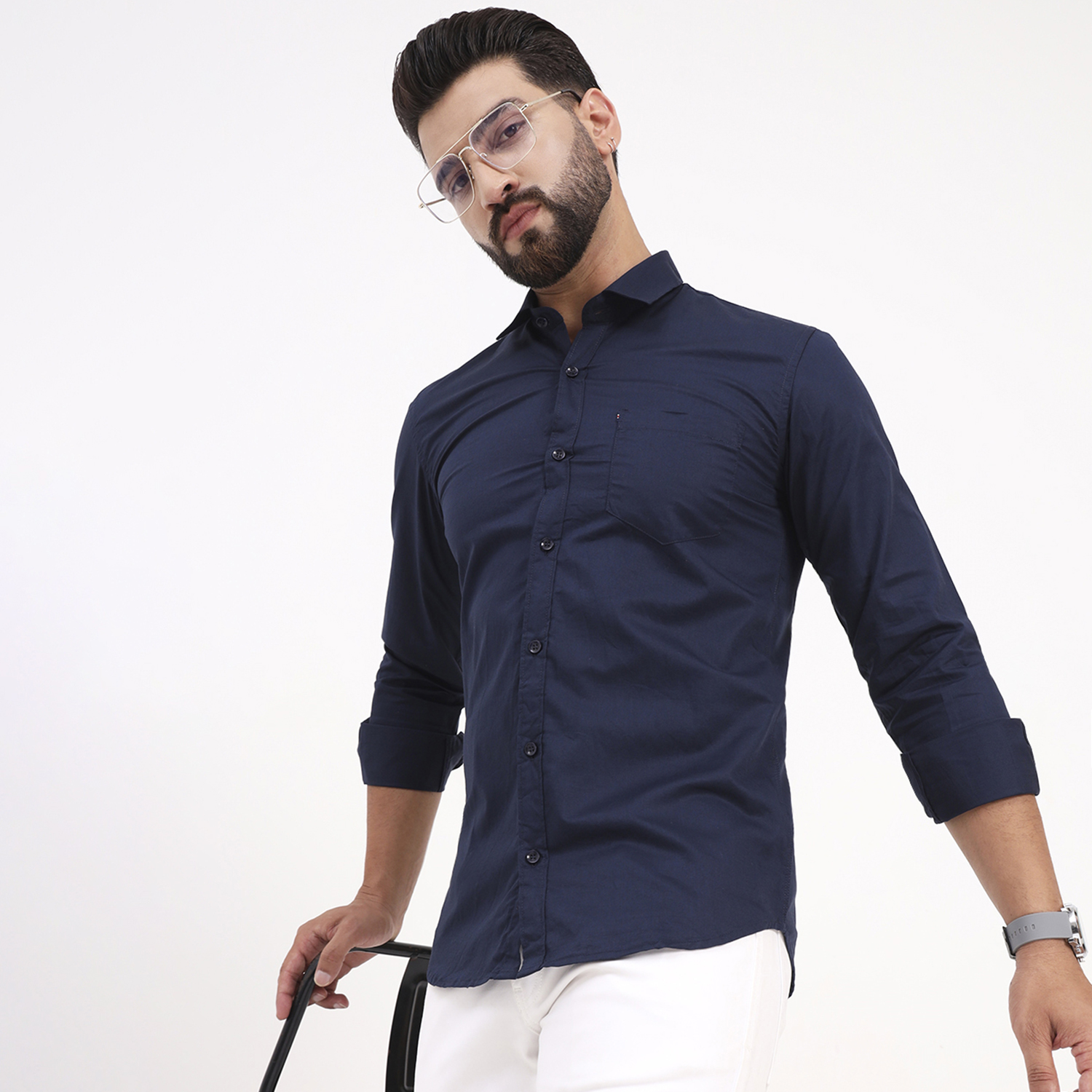 Men's Navy Blue Satin Casual Solid Regular Fit Full Sleeves Shirt with Spread Collar - Image 2