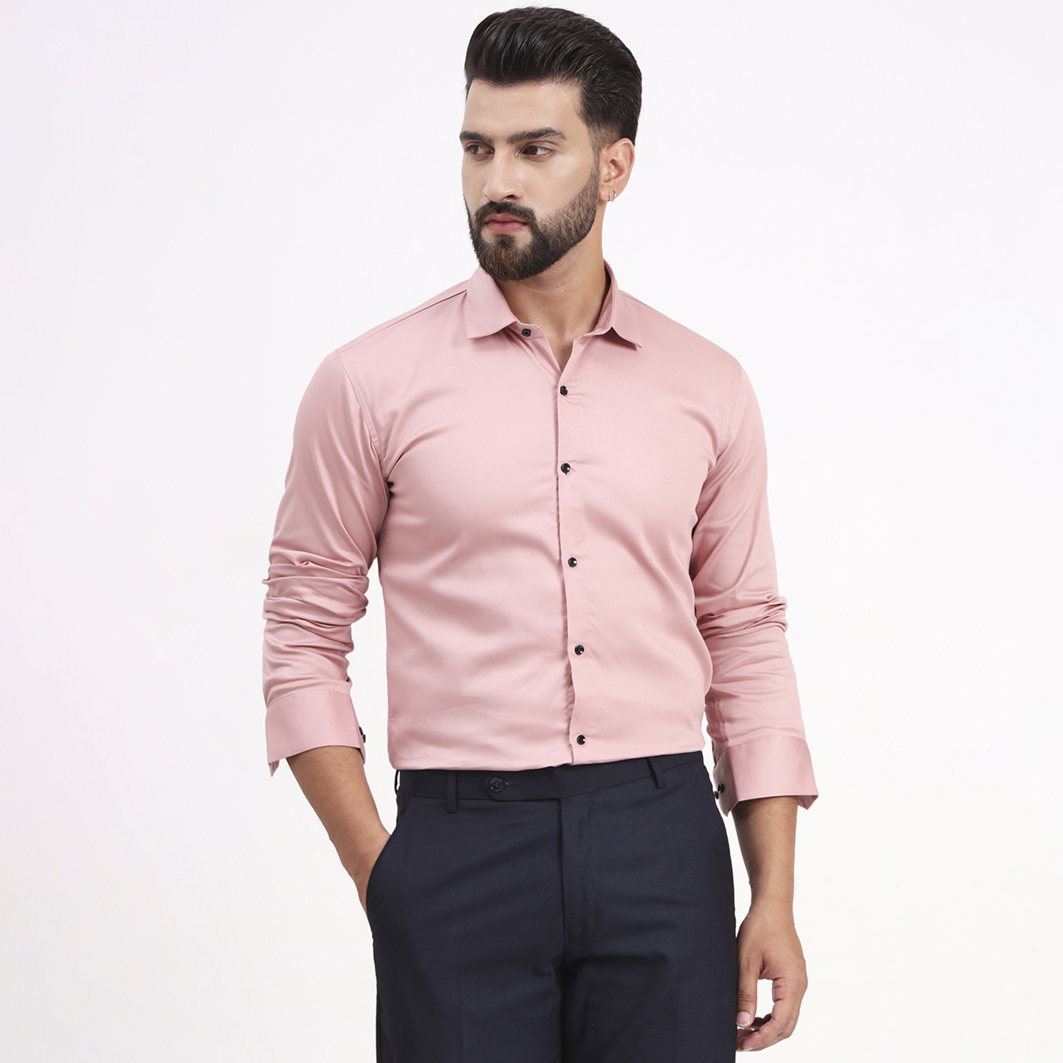Men's Pale Pink Satin Casual Solid Regular Fit Full Sleeves Shirt with Spread Collar - Image 6