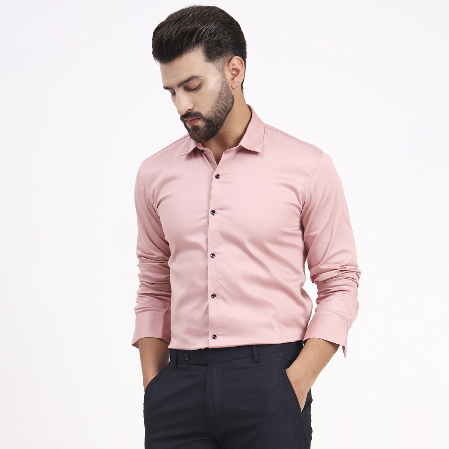 Men's Pale Pink Satin Casual Solid Regular Fit Full Sleeves Shirt with Spread Collar - Image 5