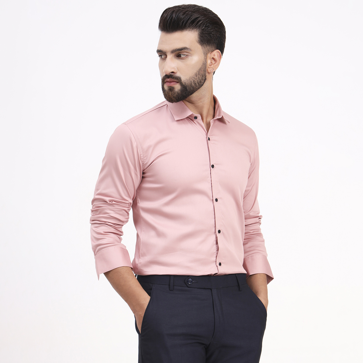Men's Pale Pink Satin Casual Solid Regular Fit Full Sleeves Shirt with Spread Collar
