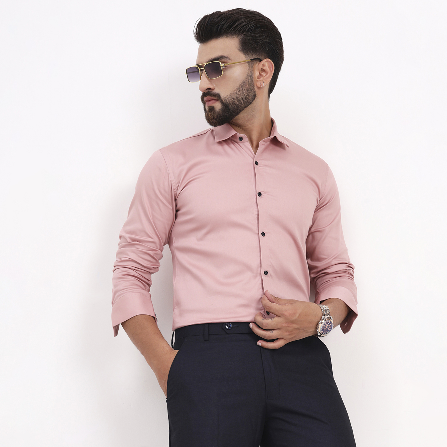 Men's Pale Pink Satin Casual Solid Regular Fit Full Sleeves Shirt with Spread Collar - Image 2