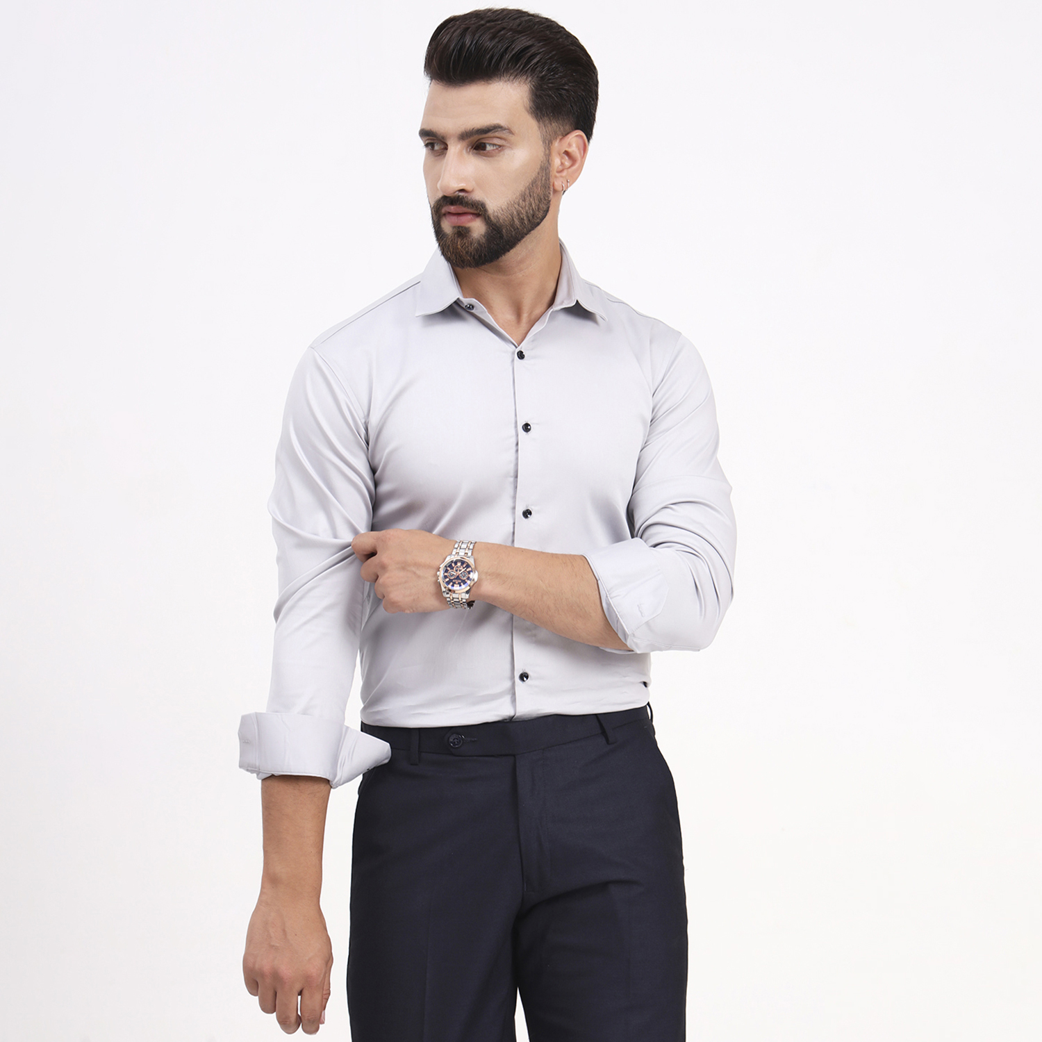 Men's White Smoke Satin Casual Solid Regular Fit Full Sleeves Shirt with Spread Collar - Image 6