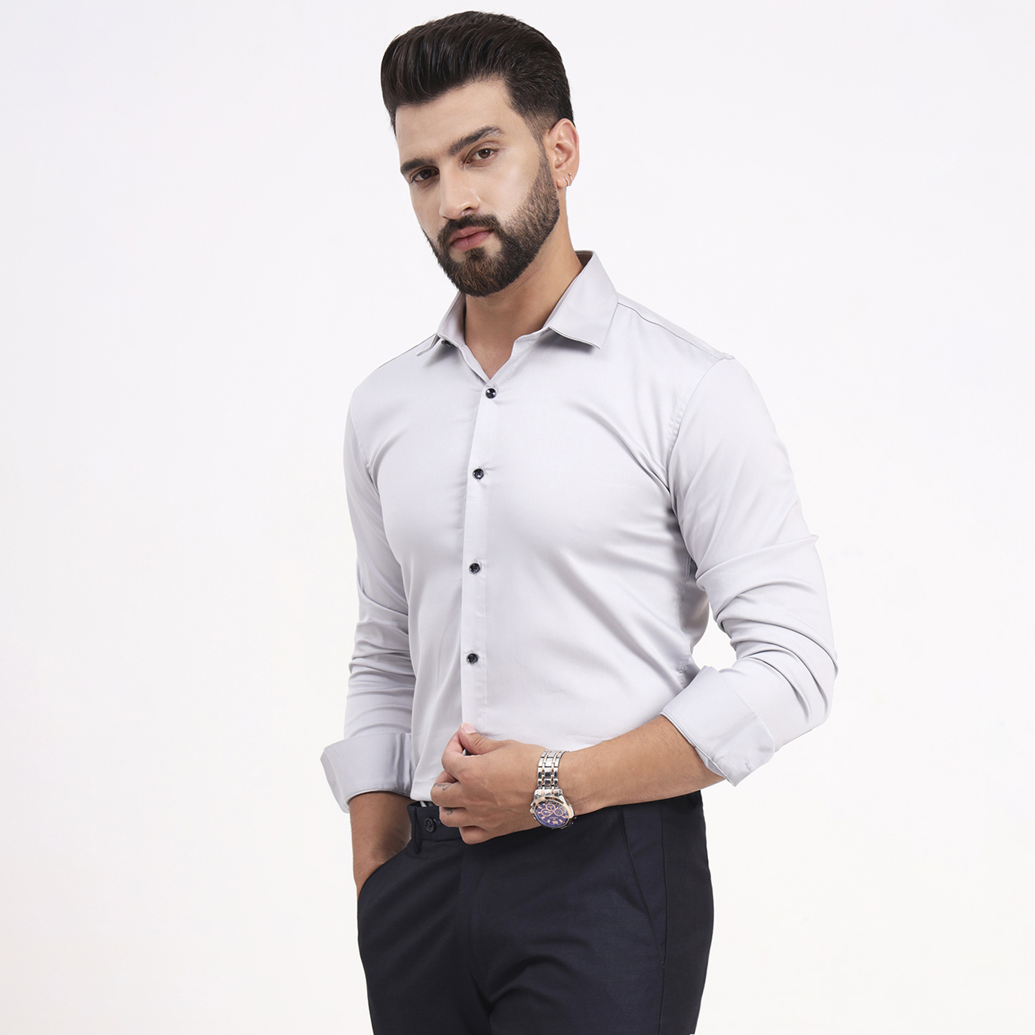 Men's White Smoke Satin Casual Solid Regular Fit Full Sleeves Shirt with Spread Collar