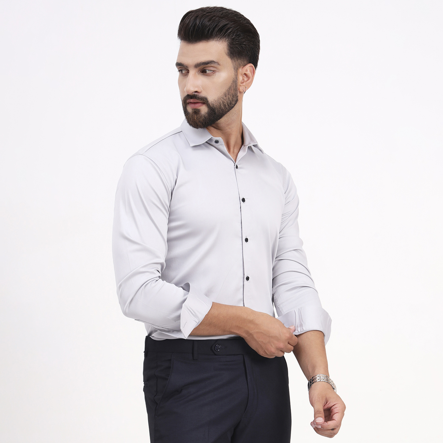 Men's White Smoke Satin Casual Solid Regular Fit Full Sleeves Shirt with Spread Collar - Image 5