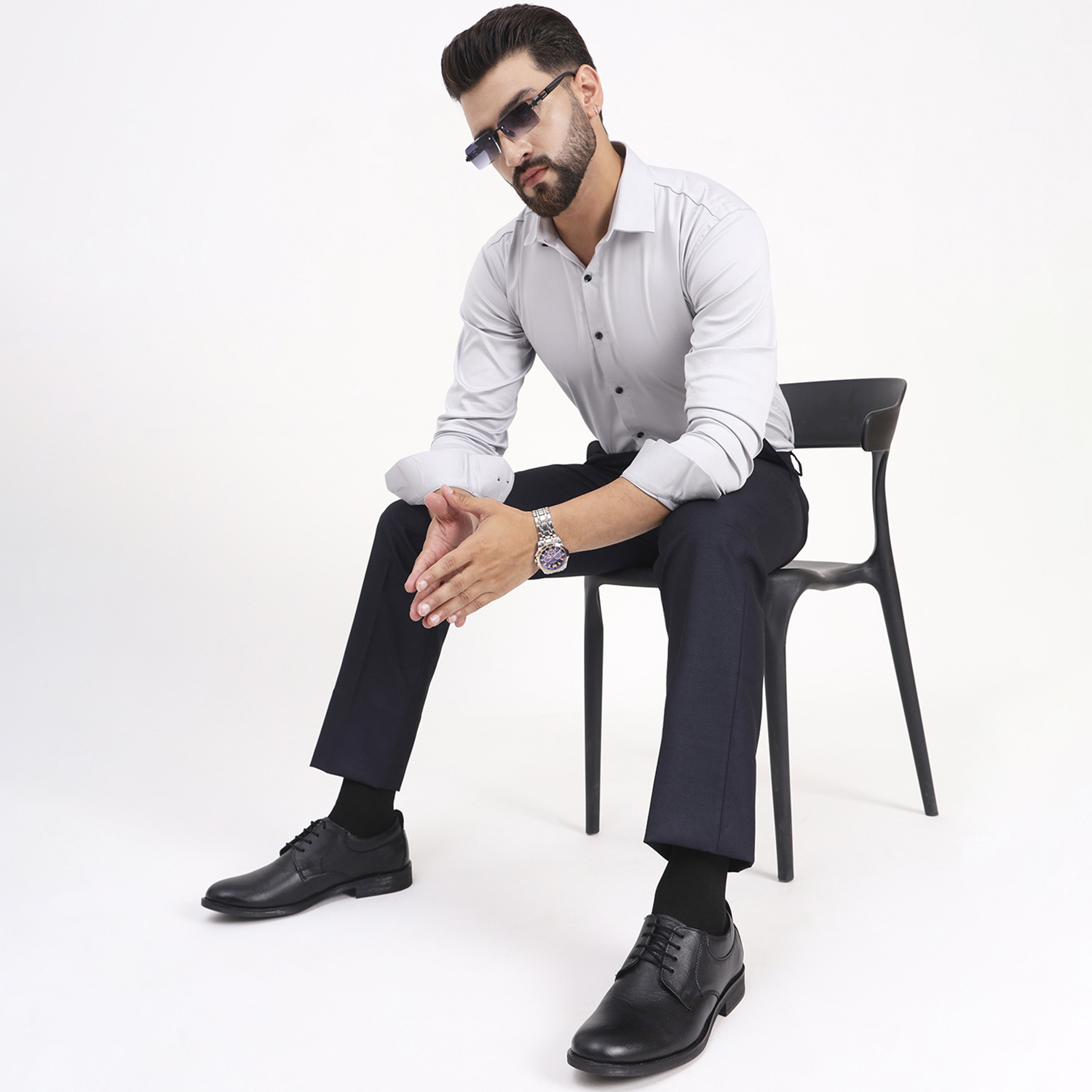 Men's White Smoke Satin Casual Solid Regular Fit Full Sleeves Shirt with Spread Collar - Image 3