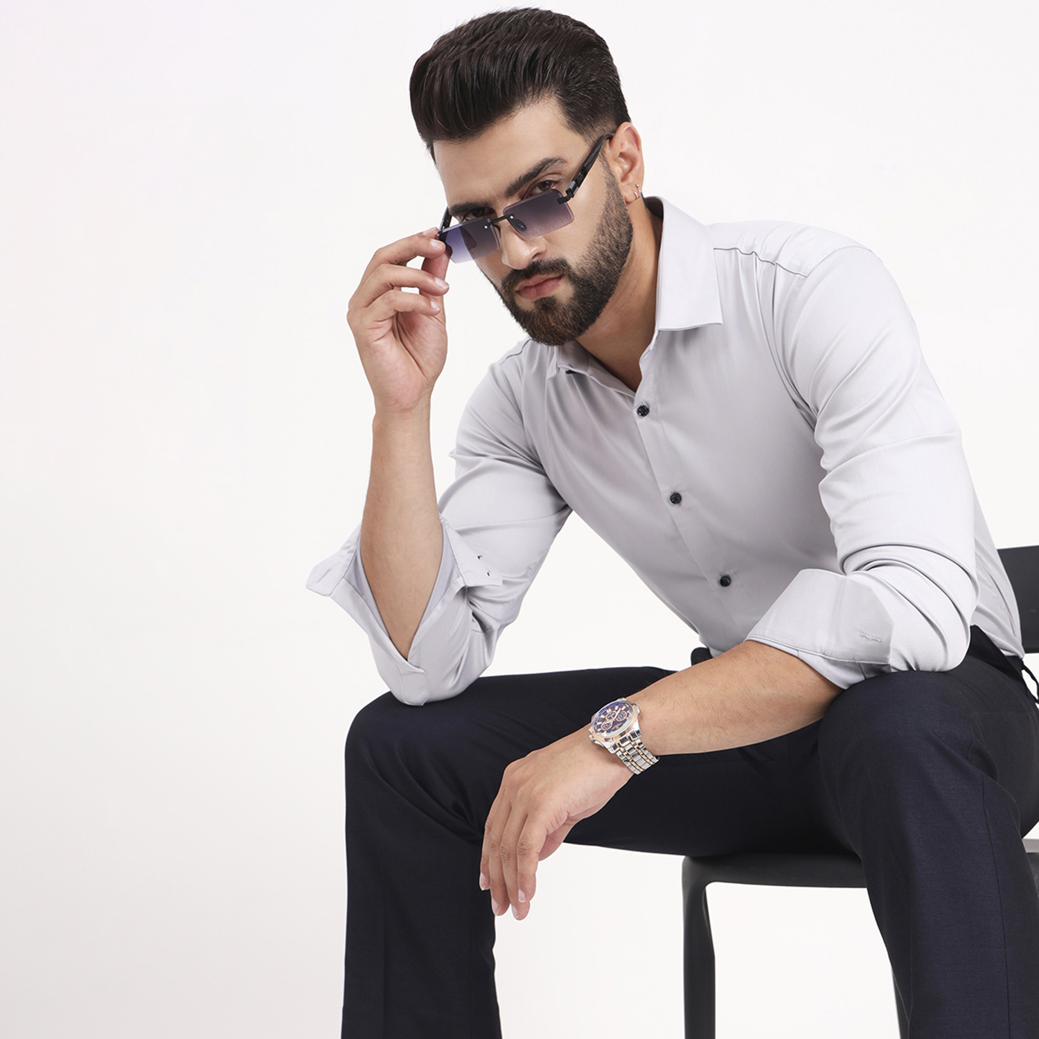 Men's White Smoke Satin Casual Solid Regular Fit Full Sleeves Shirt with Spread Collar - Image 2