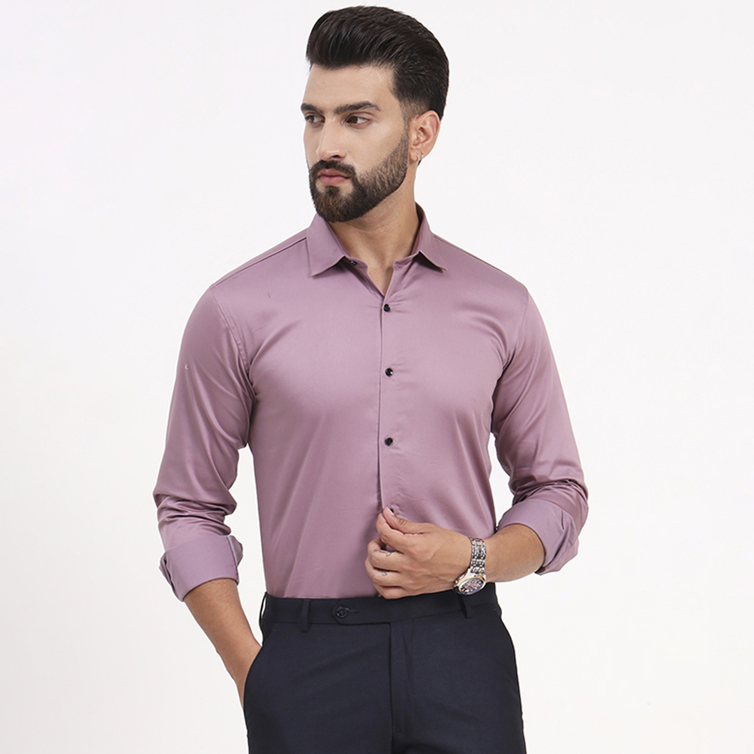 Men's Faded Pink Satin Casual Solid Regular Fit Full Sleeves Shirt with Spread Collar