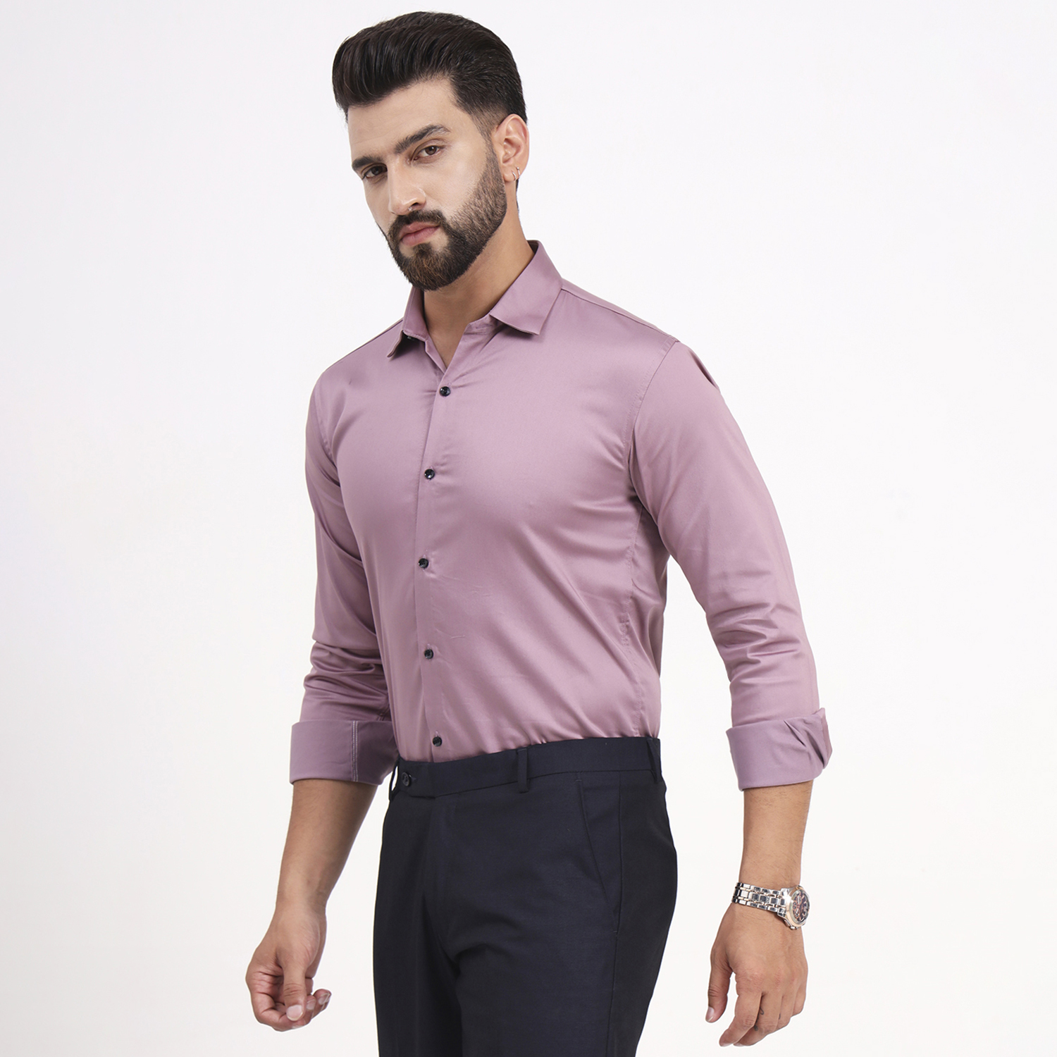 Men's Faded Pink Satin Casual Solid Regular Fit Full Sleeves Shirt with Spread Collar - Image 6